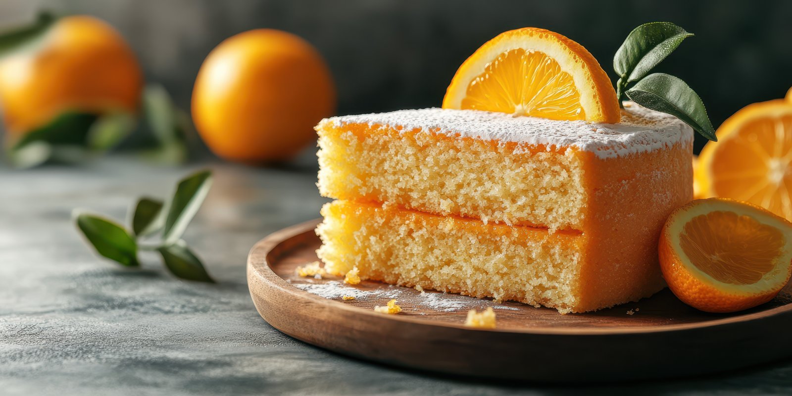 Delicious orange cake served on a wooden plate with fresh oranges and green leaves in a cozy kitchen setting